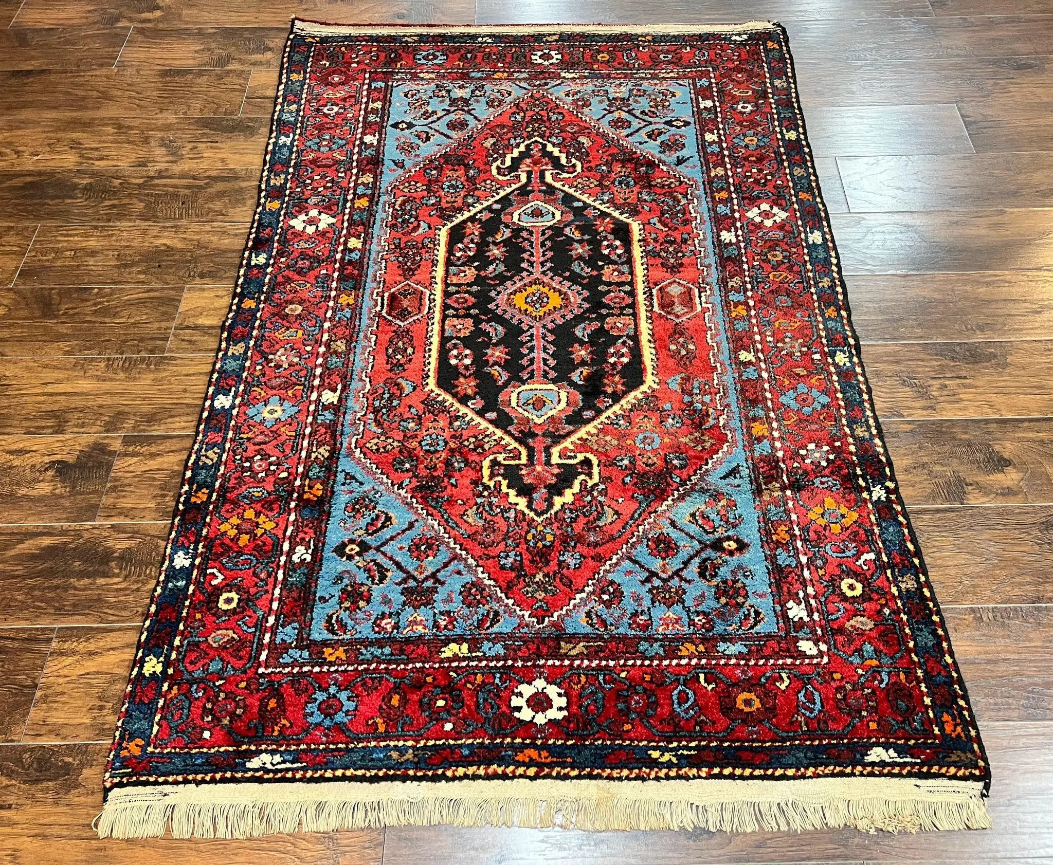 Antique Persian Tribal Rug 4x7, Wool Handmade 1920s Carpet, Red Blue, Persian Hamadan Rug by Jewel Rugs