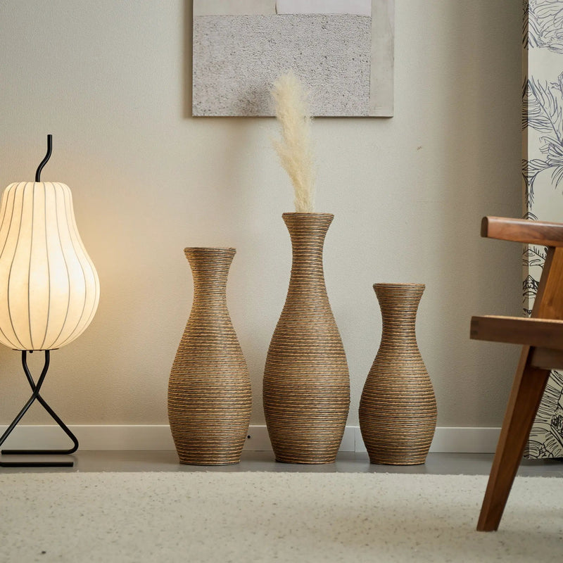 3 Piece Artificial Rattan Floor Vase Set Decorative Accent For Living Room, Hallway & Entryway, Ideal For Dried Or Silk Flower Arrangements - Beige by Unique Piece Furniture
