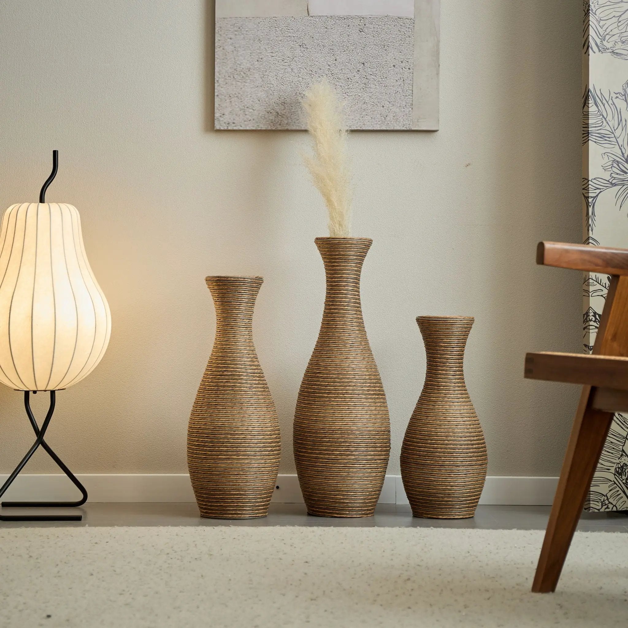 3 Piece Artificial Rattan Floor Vase Set Decorative Accent For Living Room, Hallway & Entryway, Ideal For Dried Or Silk Flower Arrangements - Beige by HouseOfZazla
