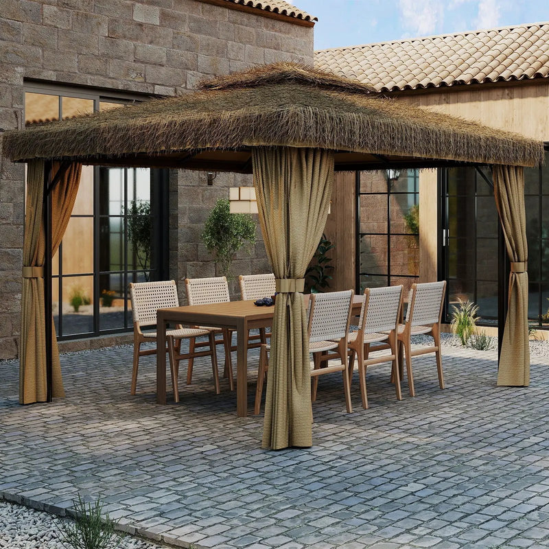 Outdoor Patio Gazebo With Double Canopy, Mosquito Net & Privacy Curtain - Brown by HouseOfZazla