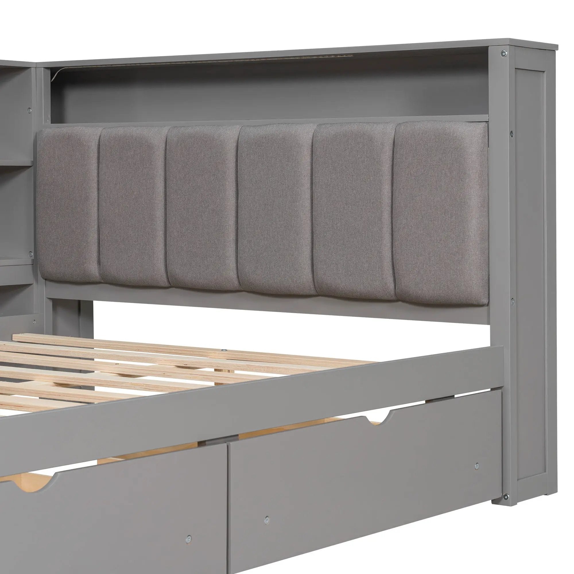 Platform Bed With Storage Shelves, Drawers, Charging Station, LED, Desk