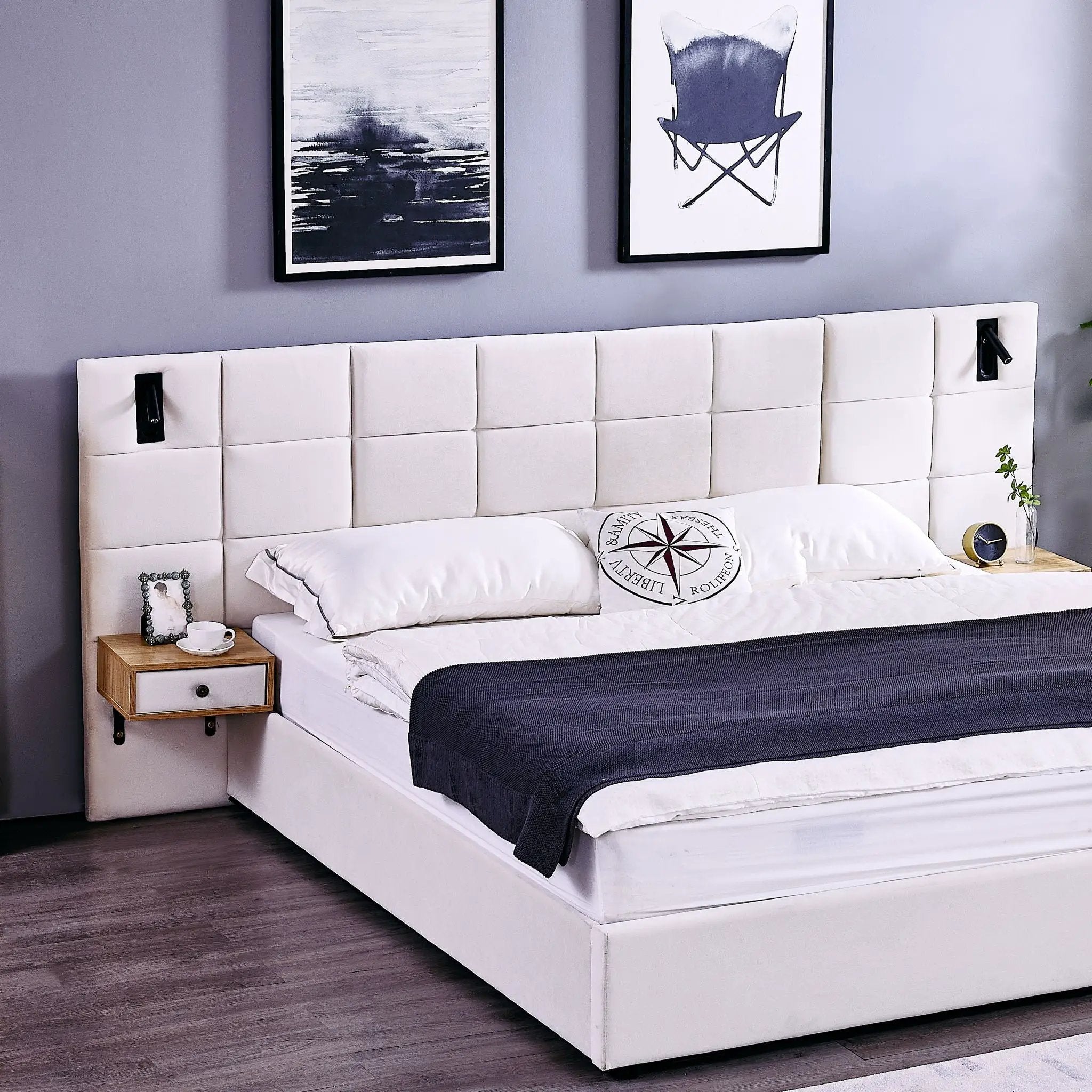 Upholstered Hydraulic Platform Bed With Storage Shelves, Reading Lamps, USB Port