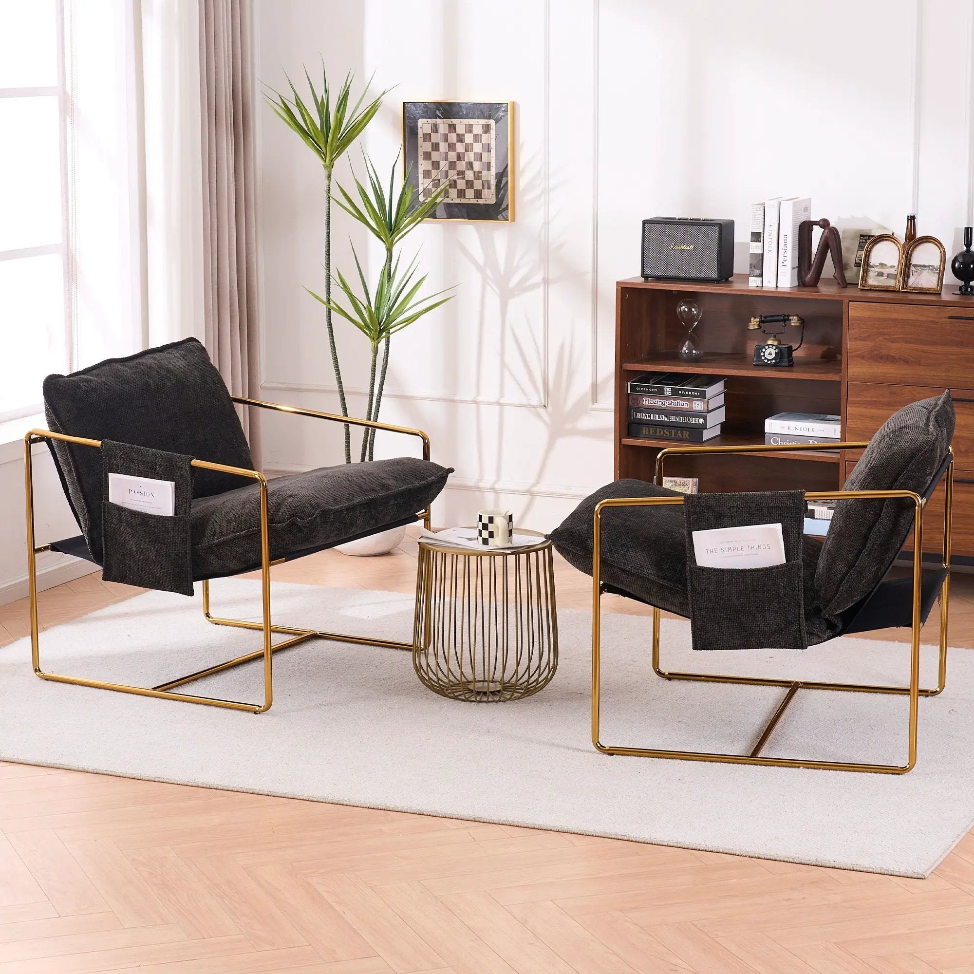 Upholstered Hanging Armchair With Arm Pocketsmetal Frame (Set of 2), Plated Craftsmanship, Crushed Foam Cushions And Skin-Friendly Woven Fabric For Living Room And Bedroom by HouseOfZazla