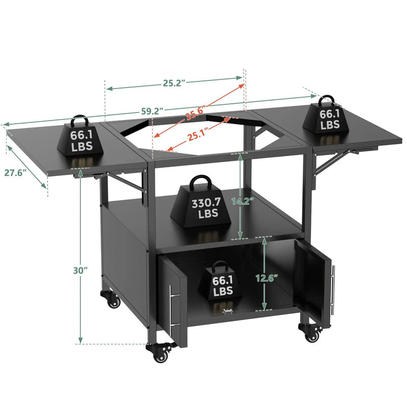 Outdoor Grill Table For Big Egg Style Bbq Metal Grill Cart With 2 Folding Panels Metal - Black by HouseOfZazla