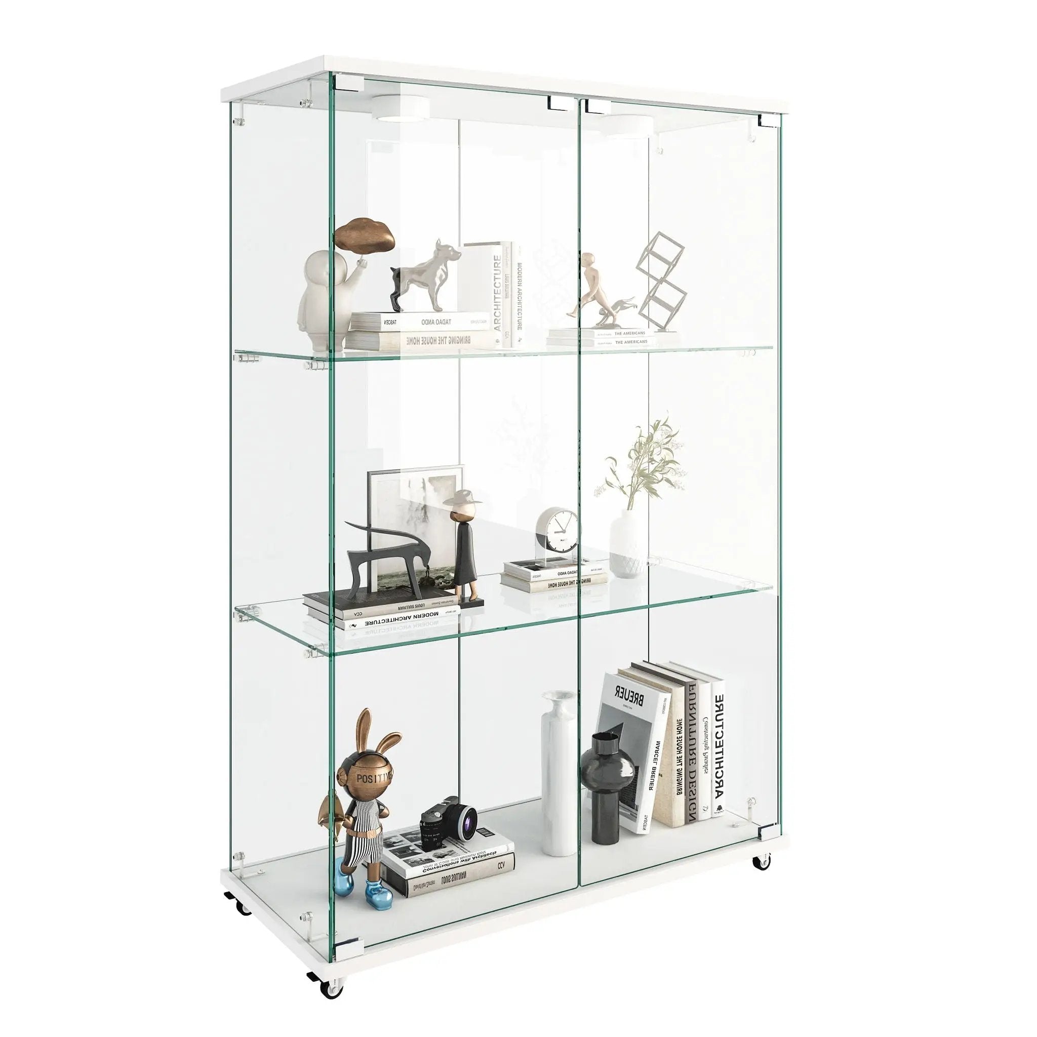 Modern Display Cabinet With LED Lights, Transparent Tempered Glass 2 Door Storage Case With 3 Shelves by HouseOfZazla