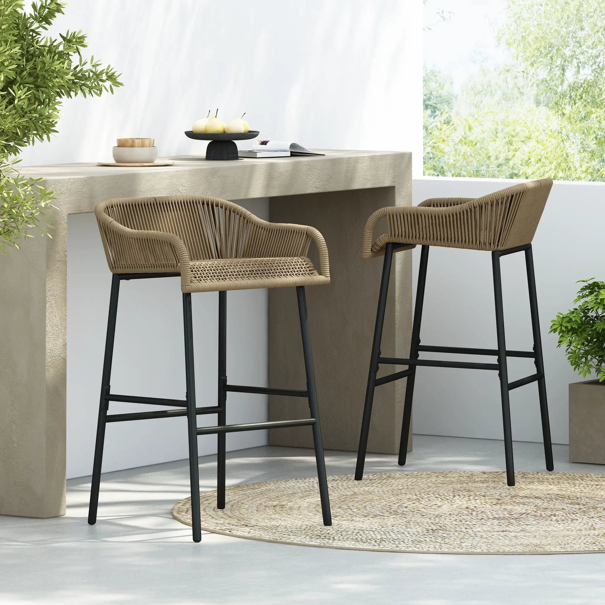 La Push Outdoor Rope Barstool (Set of 2) - Black / Brown by HouseOfZazla