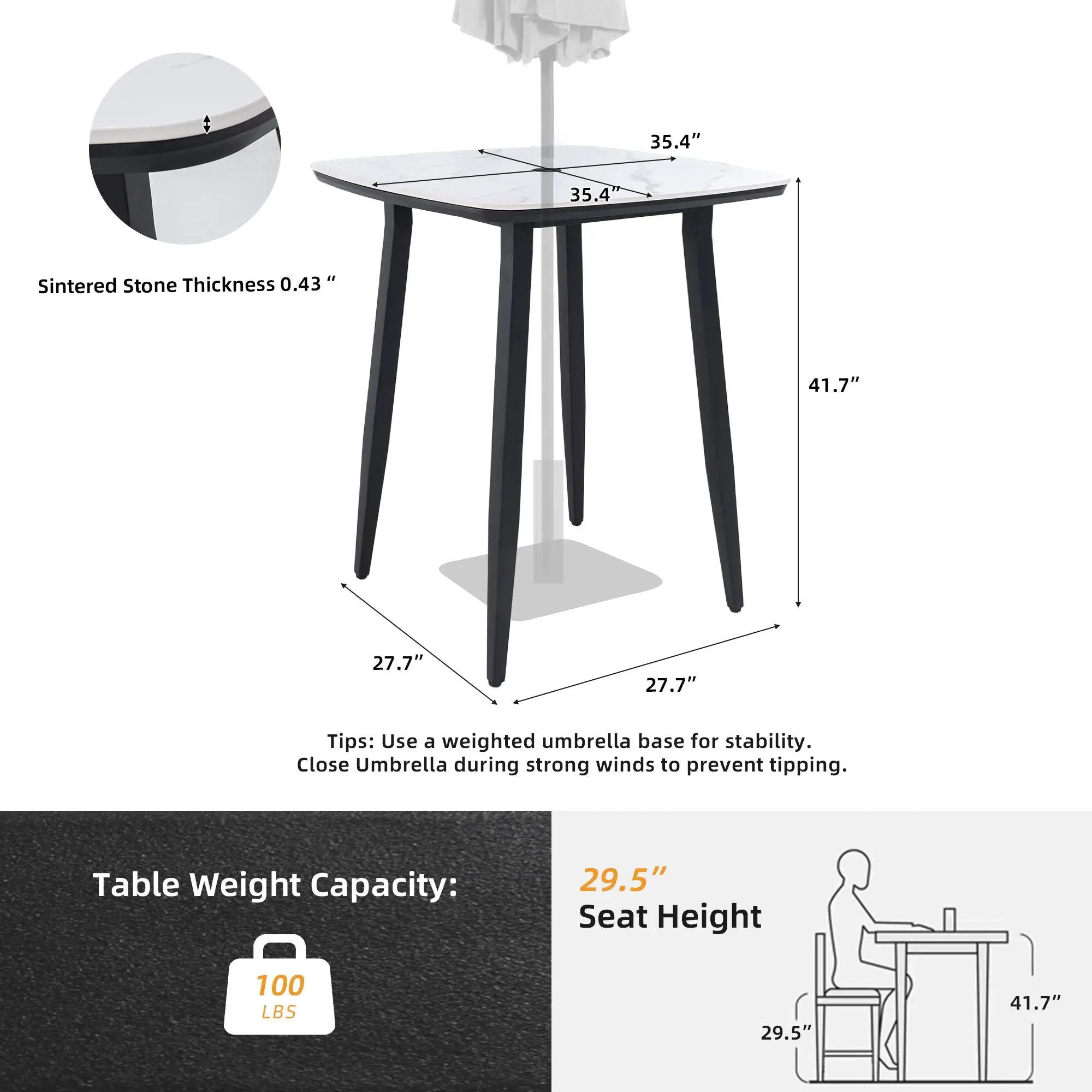 Outdoor Bar Table, Rounded Square Sintered Stone Top With Umbrella Hole, Rust Free Frame, Weatherproof - Ember Black / White by HouseOfZazla