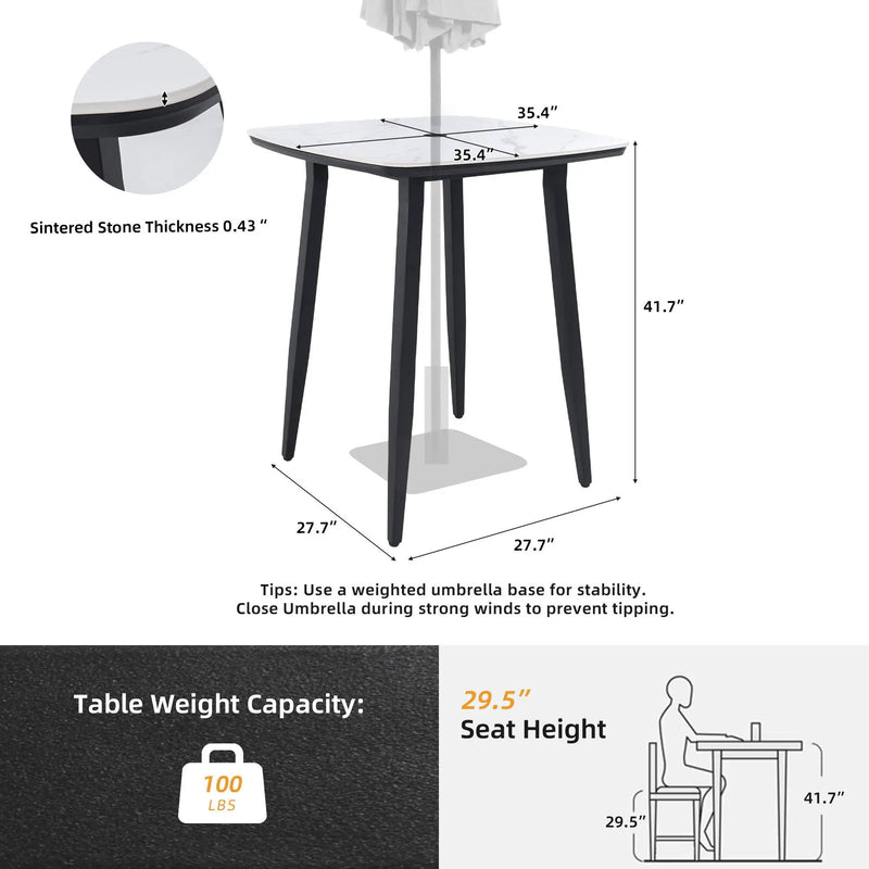 Outdoor Bar Table, Rounded Square Sintered Stone Top With Umbrella Hole, Rust Free Frame, Weatherproof - Ember Black / White by HouseOfZazla
