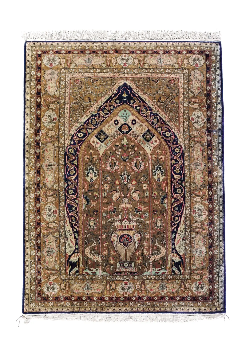 Semi Antique Persian Qum Silk Prayer Rug, Silk, Hand-Knotted, 3'6" x 5' by Jewel Rugs