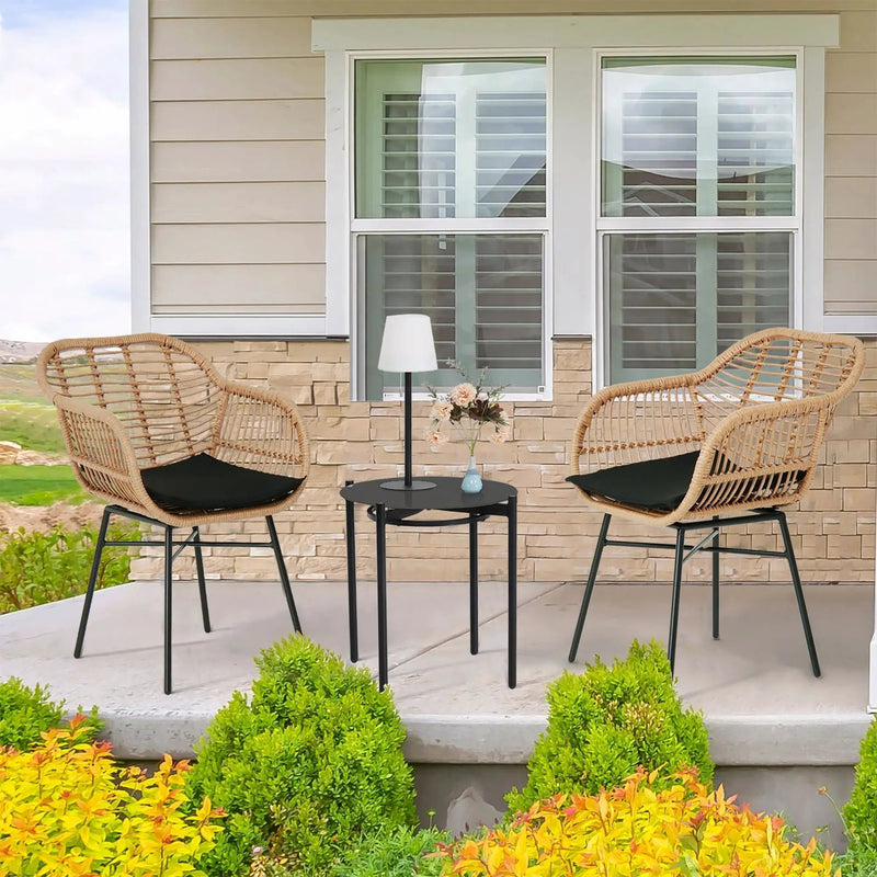 3 Pieces Of Luxury Outdoor Wicker Furniture, Patio Bistro Style Table And Chair Combination, Weather Resistant PE Wicker Weave, Suitable For Garden - Black / Natural by HouseOfZazla