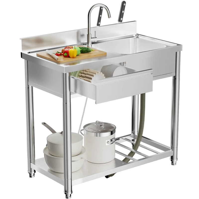 Outdoor Utility Sink With Workbench & Storage Shelf, Freestanding Prep Table With Left Drawer, Garden Patio Sink Station With 360° Hot & Cold Water Faucet - Silver by HouseOfZazla