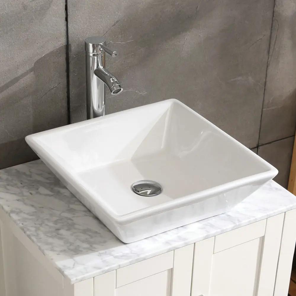 Square Bathroom Vessel Sink - White Porcelain Counter Bowl For Bathroom Vanity - White by HouseOfZazla