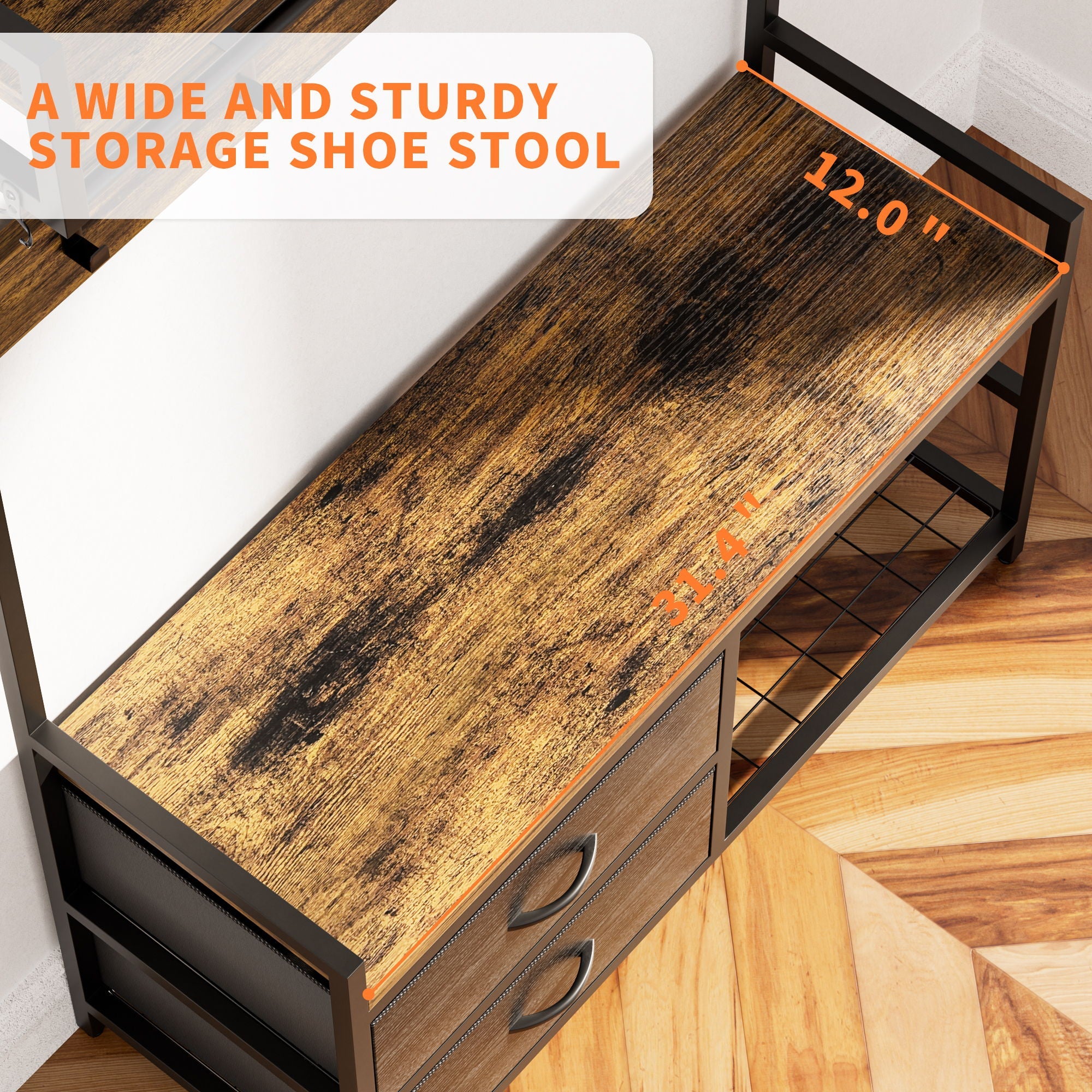 Hall Tree With 2 Movable Drawers, Shoe Storage, Shelves, Garment Racks, And 23 Hooks For Entryway - Rustic Brown by HouseOfZazla