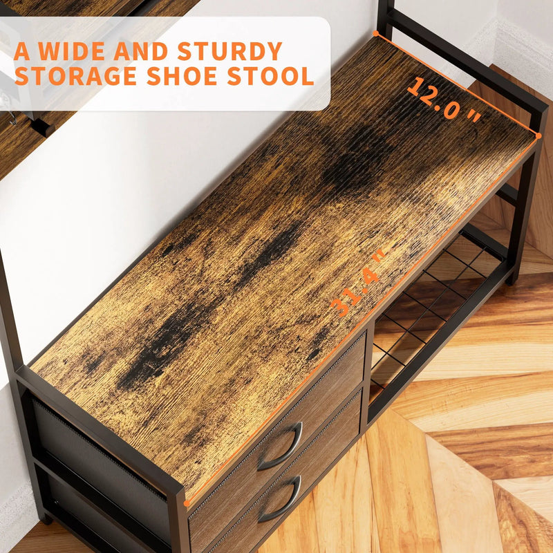 Hall Tree With 2 Movable Drawers, Shoe Storage, Shelves, Garment Racks, And 23 Hooks For Entryway - Rustic Brown by HouseOfZazla