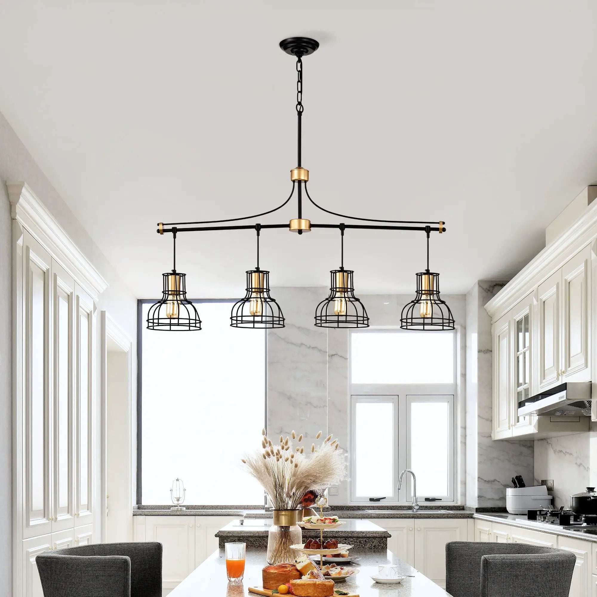 Dining Room Light Fixture / Chandelier Table, 40 -" Hanging For Farmhouse Linear Chandeliers, 5 Light Kitchen Island Lighting Ceiling Chandelier, With Metal Lampshade - Gold / Matte Black by Unique Piece Furniture