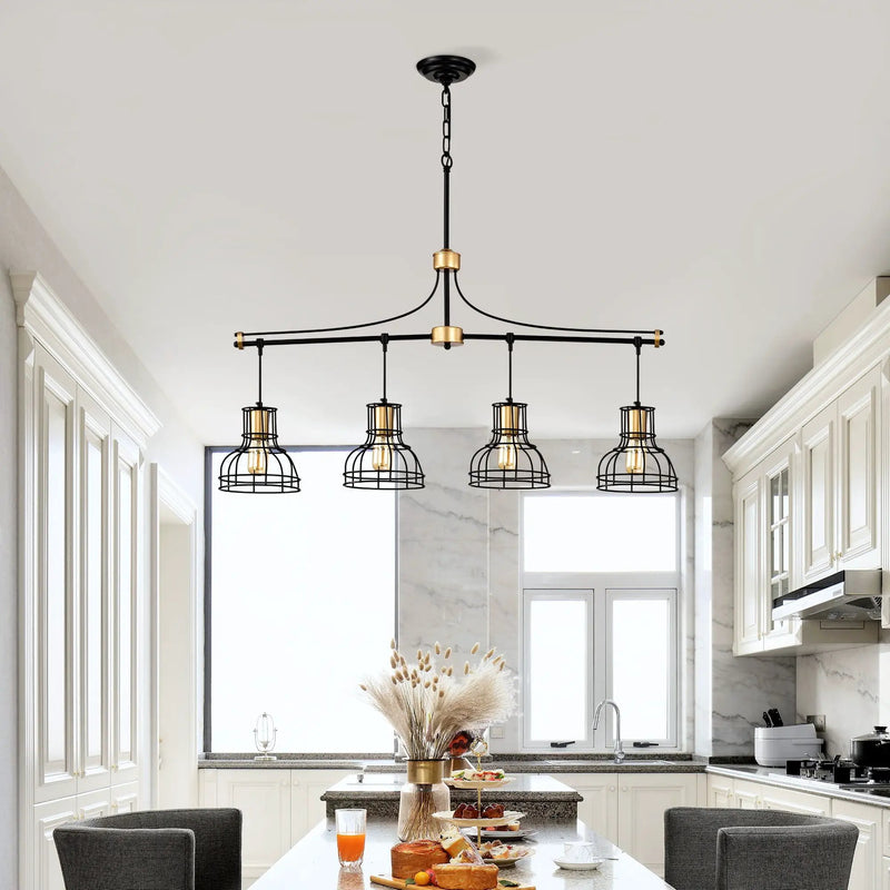 Dining Room Light Fixture / Chandelier Table, 40 -" Hanging For Farmhouse Linear Chandeliers, 5 Light Kitchen Island Lighting Ceiling Chandelier, With Metal Lampshade - Gold / Matte Black by Unique Piece Furniture