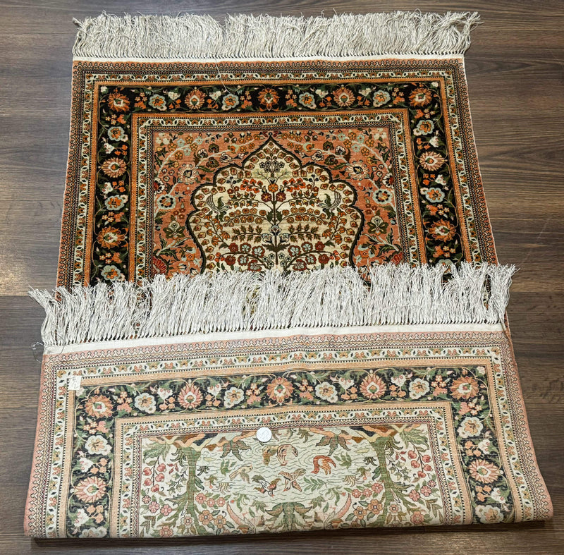 Exceptional Silk Rug 2.6 x 4, Very Fine 630 KPSI, Persian Vase Tree of Life Bird Pictorials, Handmade by Jewel Rugs