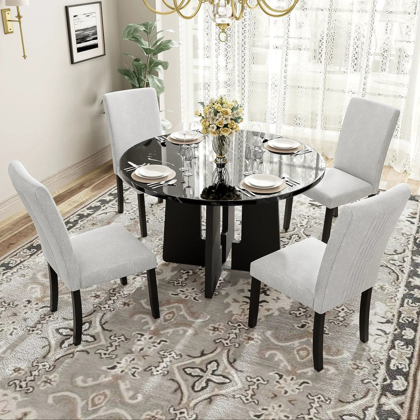 5 Piece Round Dining Table Set, Modern Dining Table And 4 Upholstered Chairs For Dining Room by Unique Piece Furniture