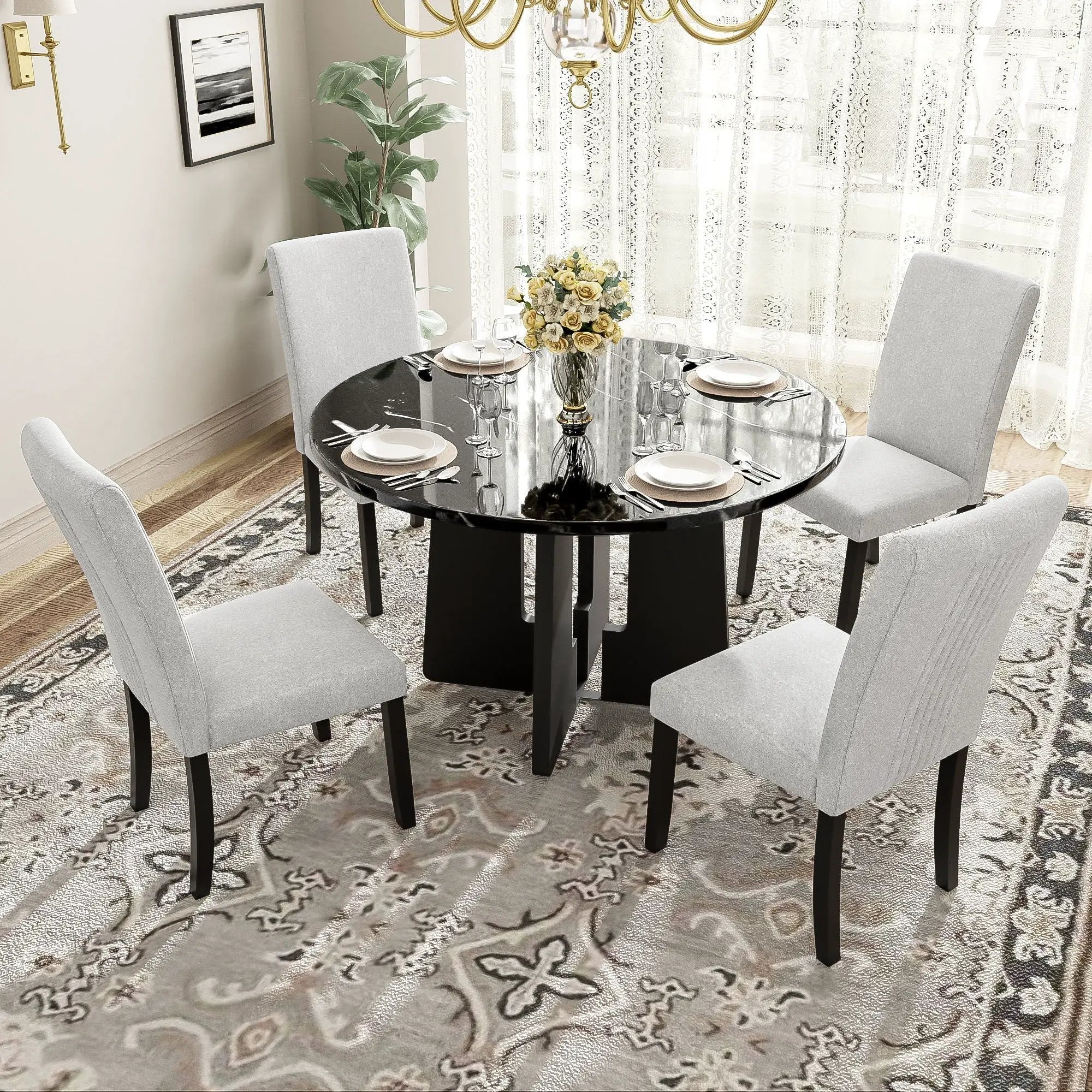 5 Piece Round Dining Table Set, Modern Dining Table And 4 Upholstered Chairs For Dining Room by Unique Piece Furniture