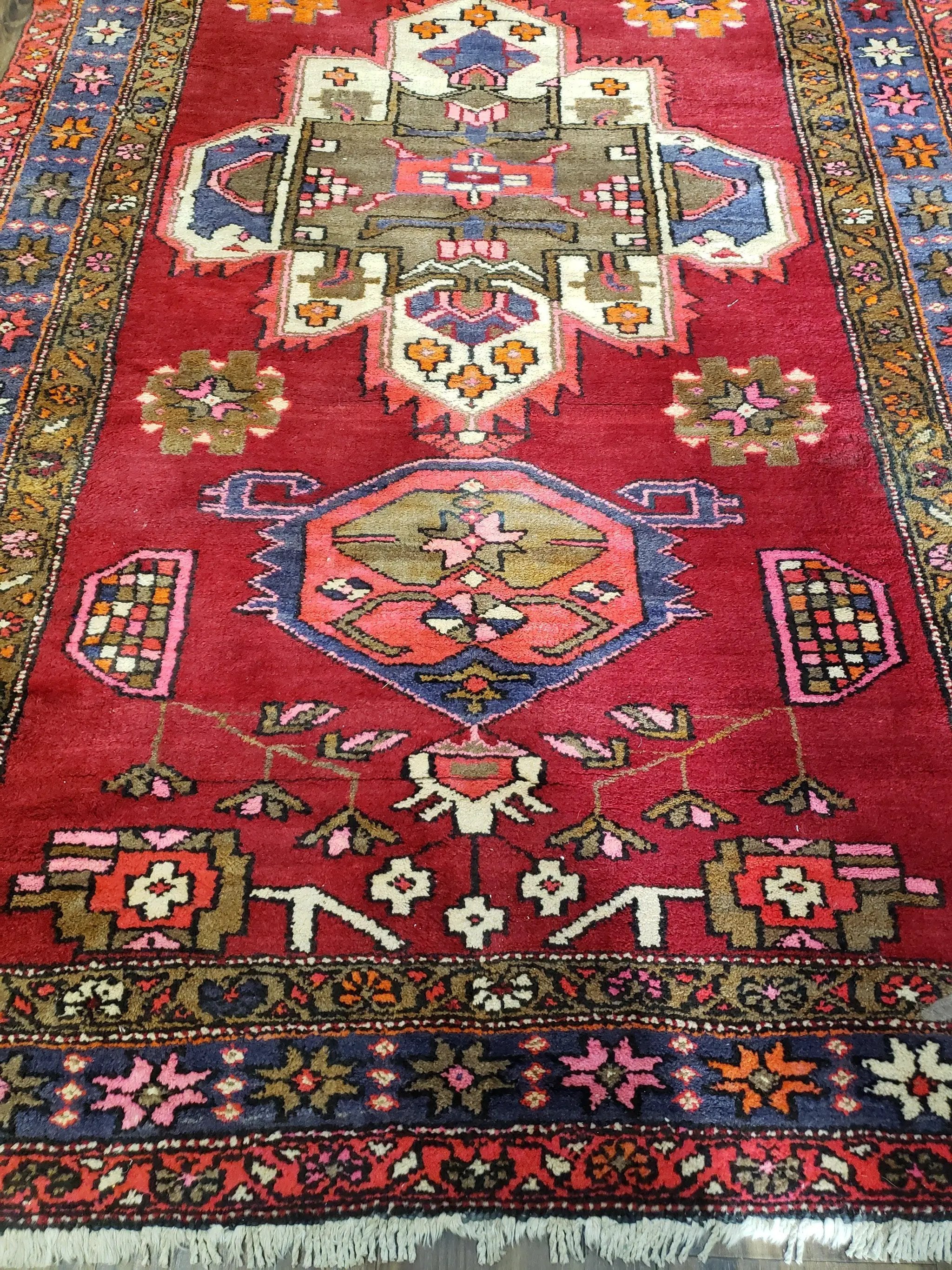 Antique Persian Karajeh Runner Rug 4.4 x 11 ft, Red Colorful Geometric Medallion Runner by Jewel Rugs