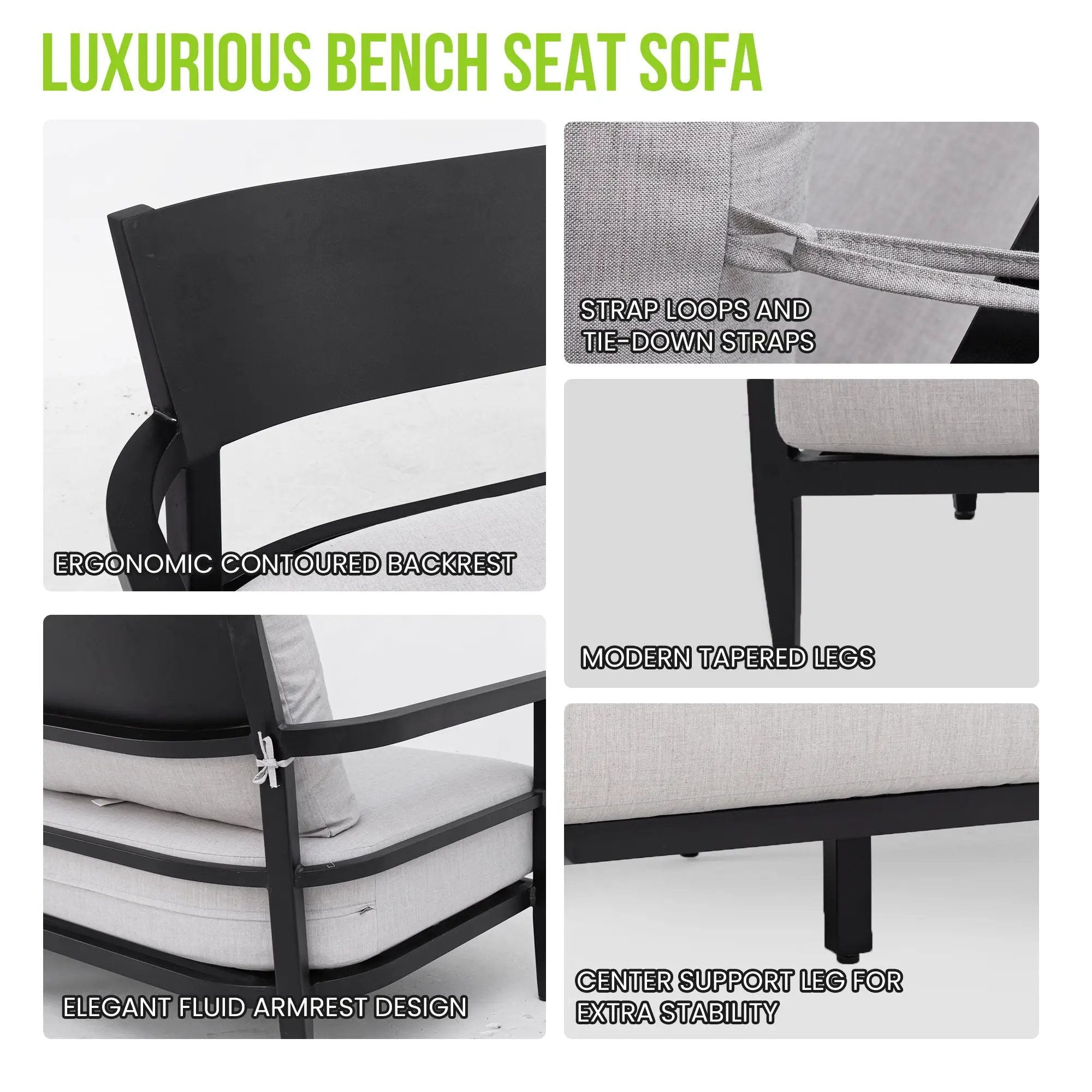 Outdoor Bench Seat Sofa, Sunbrella Cushion, Weather Resistant For Patio - Ember Black by HouseOfZazla
