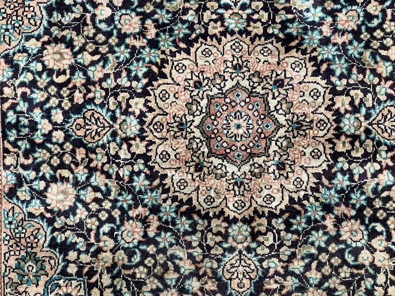 Sino Persian Silk Rug 2x2 ft, Very Fine High KPSI Small Silk Oriental Carpet, Hand-Knotted, Medallion, Vintage Silk Rug, Black Ivory/Cream by Jewel Rugs