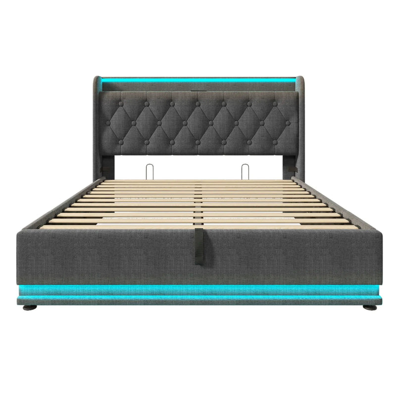 Upholstered Bed, 360 Surround LED Function, Remote Control, Hydraulic Storage Bed With USB, Type-C Charging (Without Mattress) by HouseOfZazla