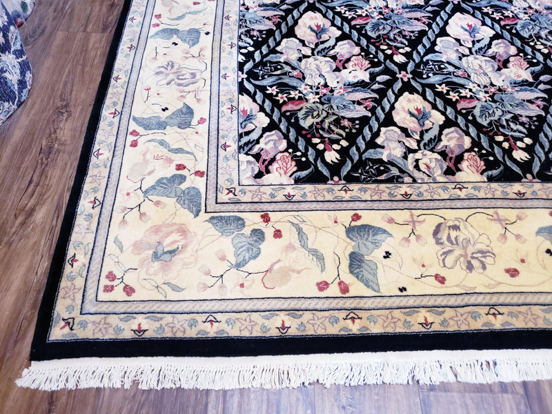 Sino-Persian Kirman Rug 9x12 Floral Handmade Wool Carpet Black & Ivory Vintage by Jewel Rugs