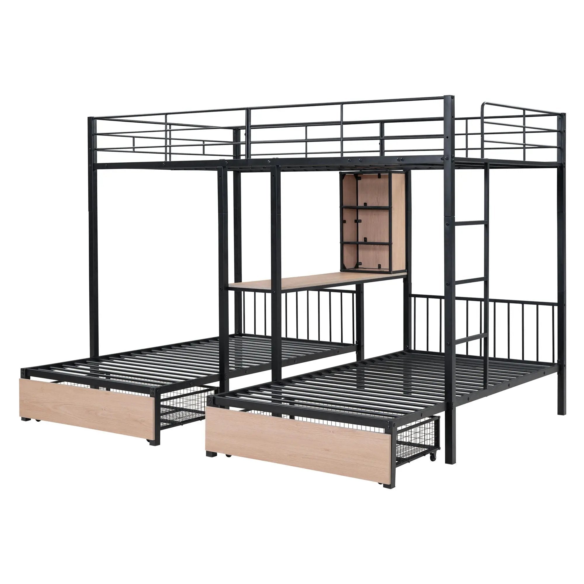 Triple Bunk Bed With Drawers, Multi-Functional Frame With Desks And Shelves In The Middle by Unique Piece Furniture