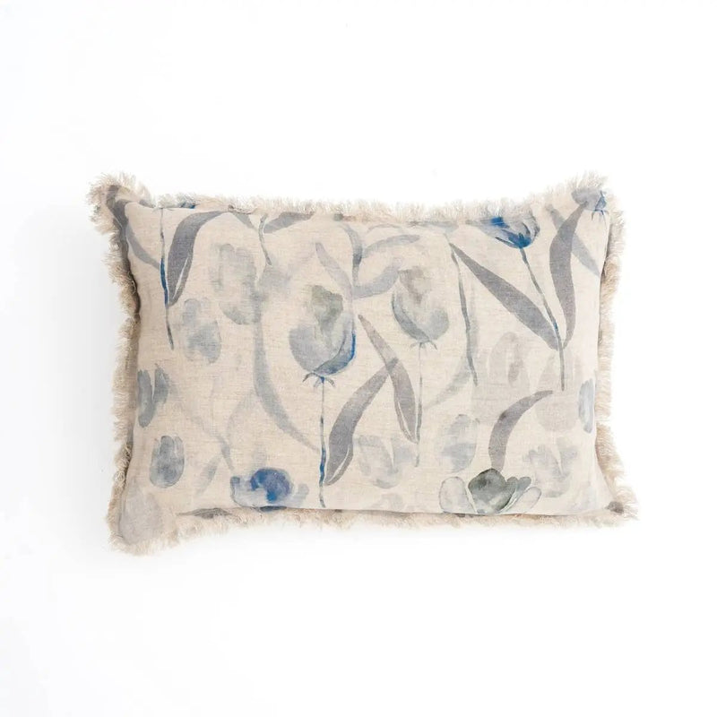 Linen Printed Lumbar Throw Pillow with Fringes (Blue & Grey) 16x24 by HouseOfZazla