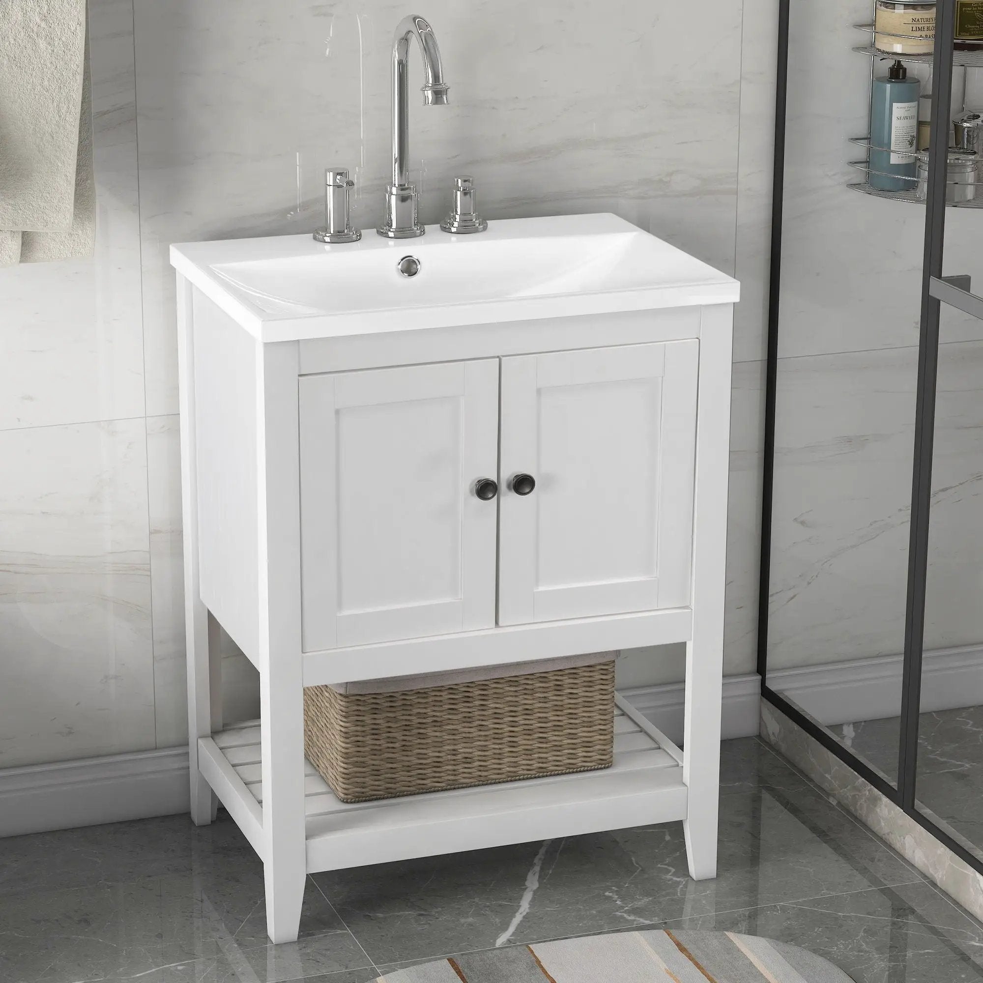 Modern Sleek Bathroom Vanity Elegant Ceramic Sink With Solid Wood Frame Open Style Shelf - White by Unique Piece Furniture
