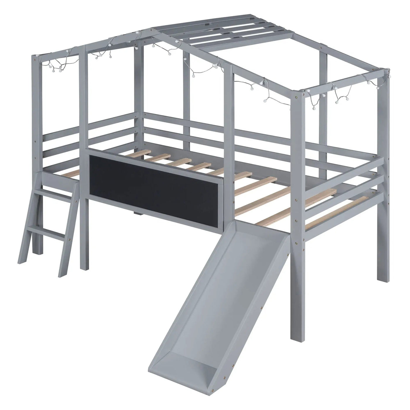 Loft House Bed With Ladder And Slide, With board And Light Strip On The Roof by Unique Piece Furniture