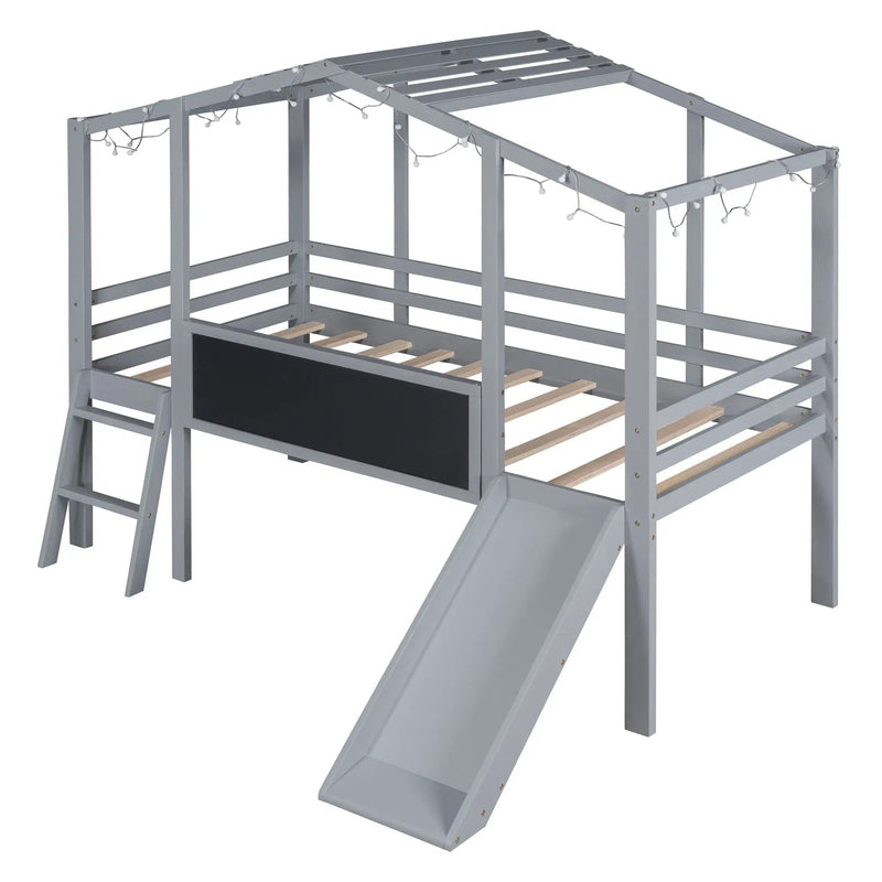 Loft House Bed With Ladder And Slide, With board And Light Strip On The Roof by HouseOfZazla