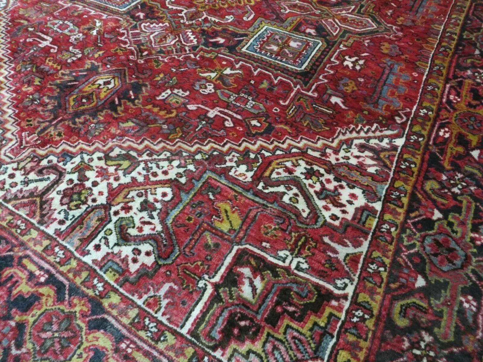 Heriz Rug 9x11, Geometric Persian Carpet Room Sized, Tribal Medallion Rug, Red Ivory Dark Blue Handmade Wool Rug for Living Room Dining Room by Jewel Rugs