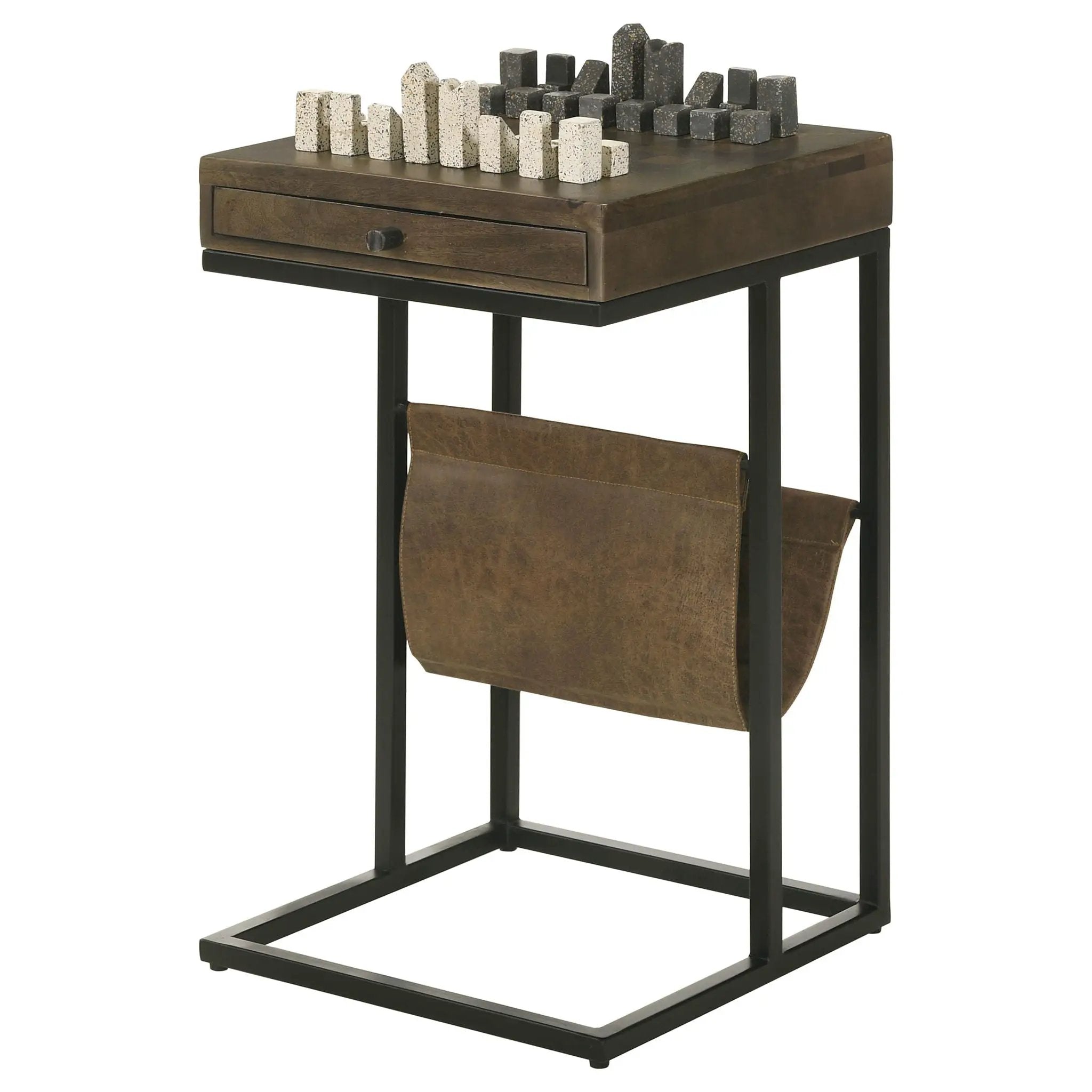 Checkmate - 1 Drawer Side Table With Carved Chess Board - Brown