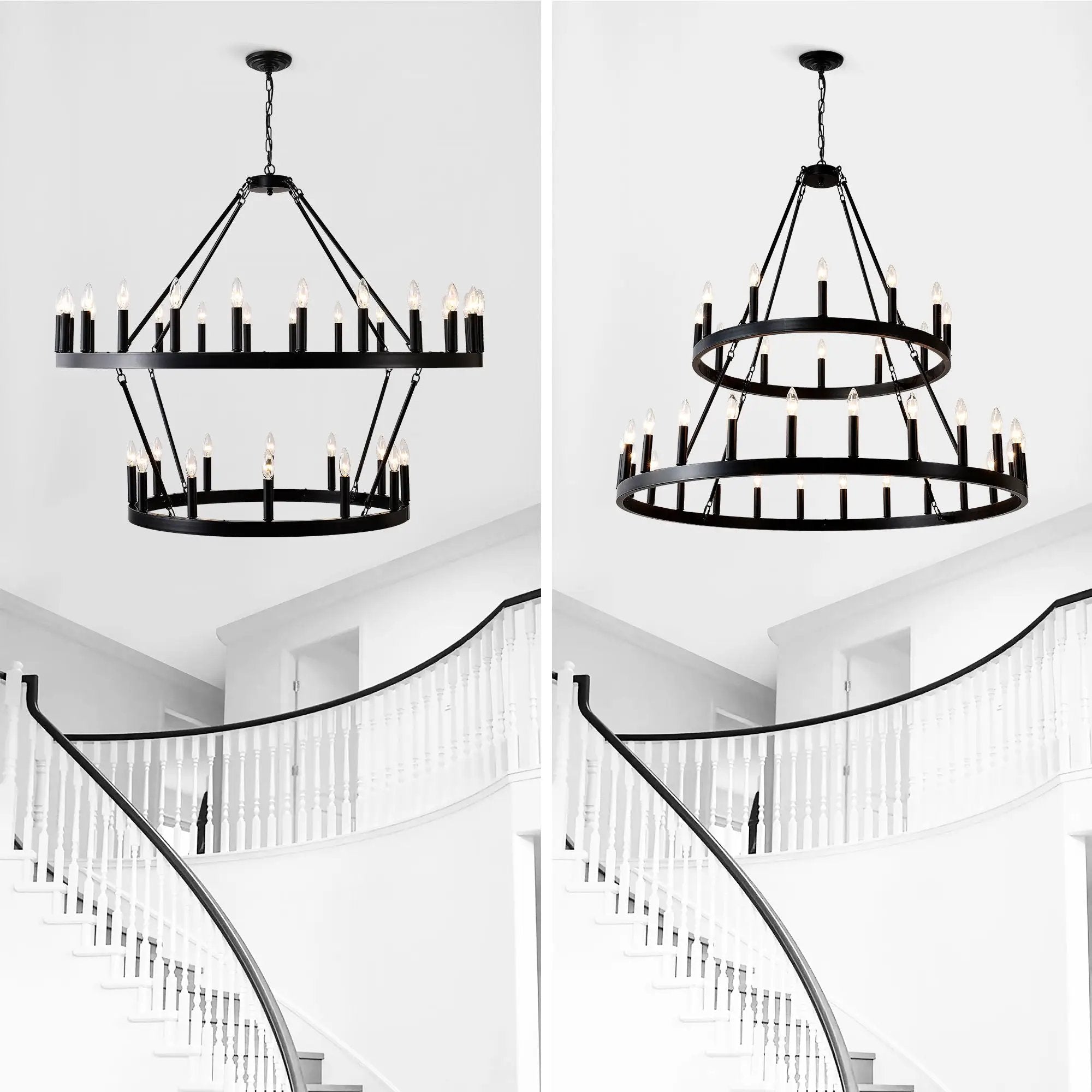 2 Tiers Wagon Wheel Chandelier Wooden Farmhouse 36 Light (24 / 12) Or (12 / 24) Metal Chandeliers 2 Story Light Fixtures Industrial For High Ceiling Living Dining Room Foyer, Adjustable Height - Black by HouseOfZazla