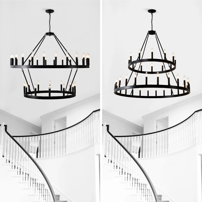 2 Tiers Wagon Wheel Chandelier Wooden Farmhouse 36 Light (24 / 12) Or (12 / 24) Metal Chandeliers 2 Story Light Fixtures Industrial For High Ceiling Living Dining Room Foyer, Adjustable Height - Black by HouseOfZazla