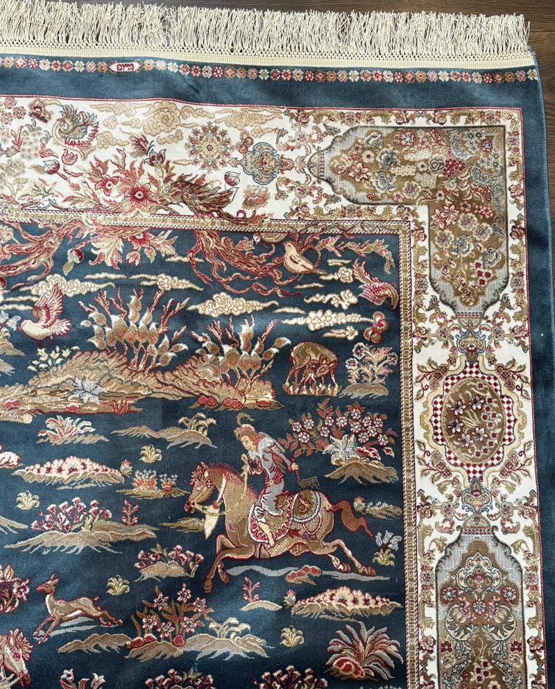 Turkish Silk Hunting Design Rug 4x6, Dark Steel Blue & Ivory, Bamboo Silk, New by Jewel Rugs