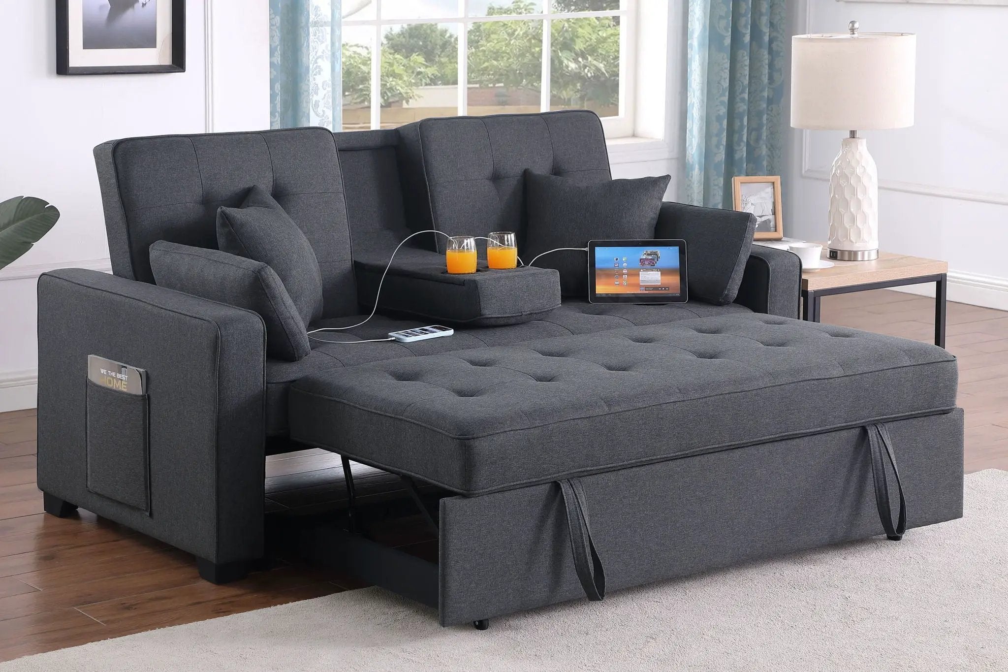 Cody II - Convertible Sleeper Loveseat With Cup Holder, Charging Ports and Pocket - Dark Gray by Unique Piece Furniture
