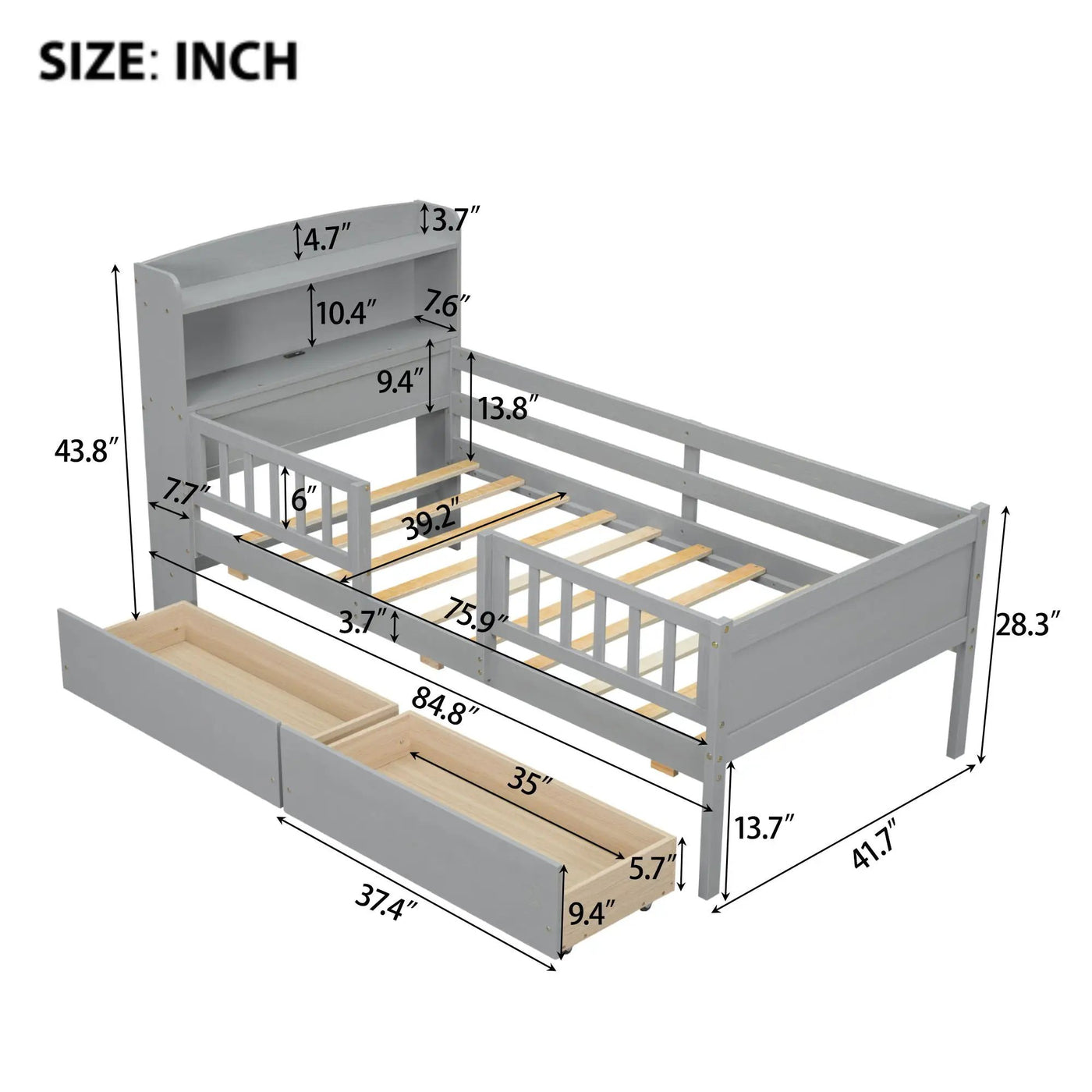 Platform Bed With LED Light, Multi Functional Headboard, Guardrail And 2 Drawers by HouseOfZazla