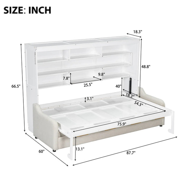 Murphy Cabinet Bed With Folding Sofa, Built In Storage Shelves And LED Light, photo 2 of 7