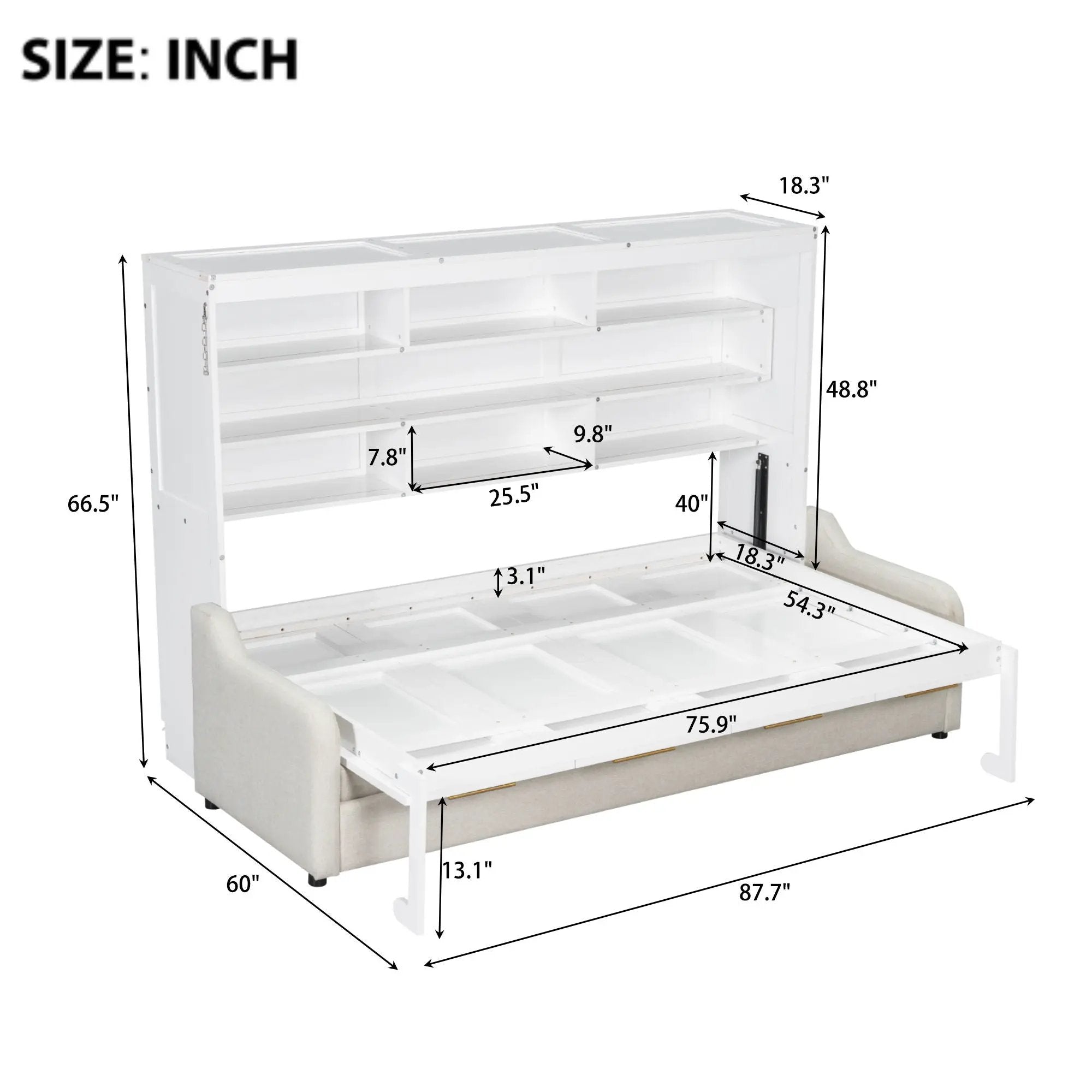Murphy Cabinet Bed With Folding Sofa, Built In Storage Shelves And LED Light