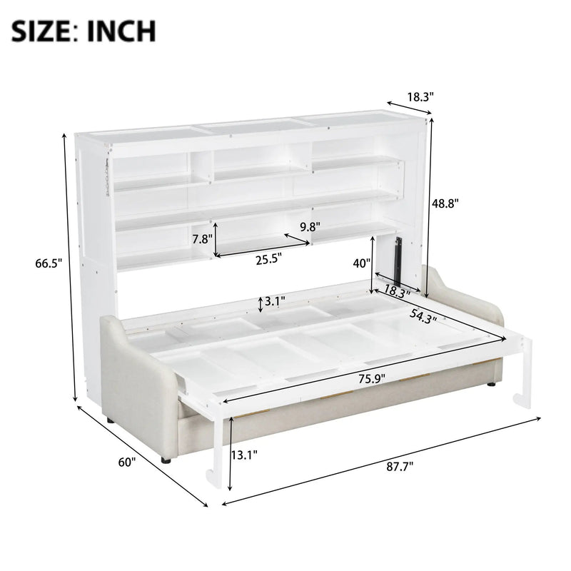Murphy Cabinet Bed With Folding Sofa, Built In Storage Shelves And LED Light