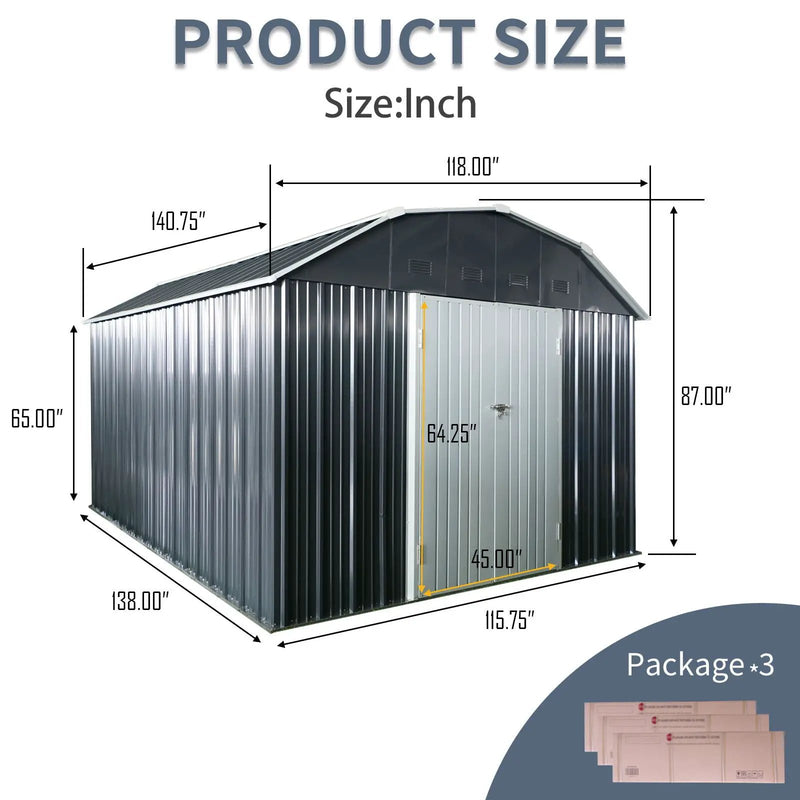 10 Ft X 12 Ft Outdoor Metal Storage Shed With Arch Roof With Lockable Doors For Backyard Garden Patio Lawn - Black by HouseOfZazla