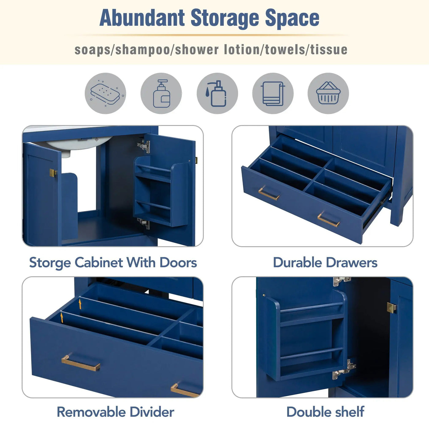 Bathroom Vanity With Single Sink, Combo Cabinet Undermount Sink, Bathroom Storage Cabinet With Two Doors And A Drawer, Soft Closing, Multifunctional Storage, Solid Wood Frame by Unique Piece Furniture