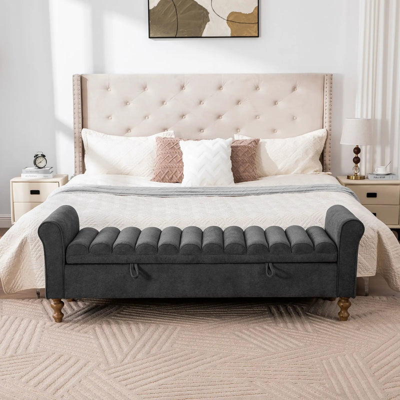 Wide Modern Upholstered Storage Bench With Rolled Armrest by HouseOfZazla