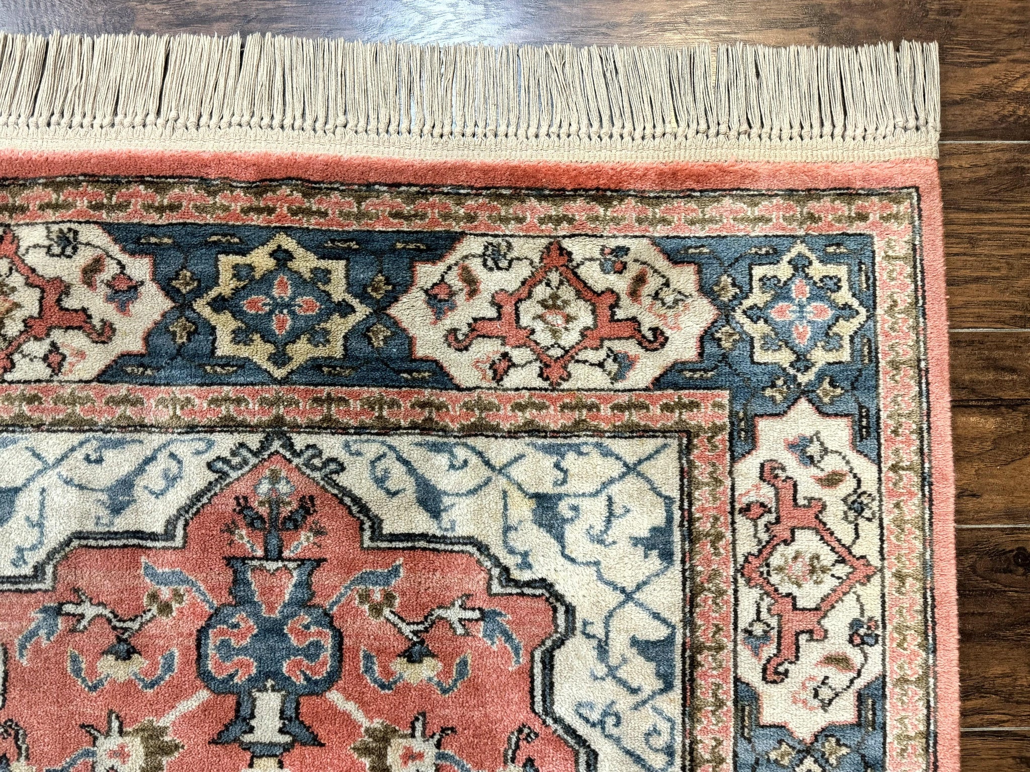 Karastan Rug 4x6 Bergama Design #737, Karastan Area Rug, Vintage Wool Karastan Carpet, Original Collection 700 Series, Salmon Red Light Blue by Jewel Rugs