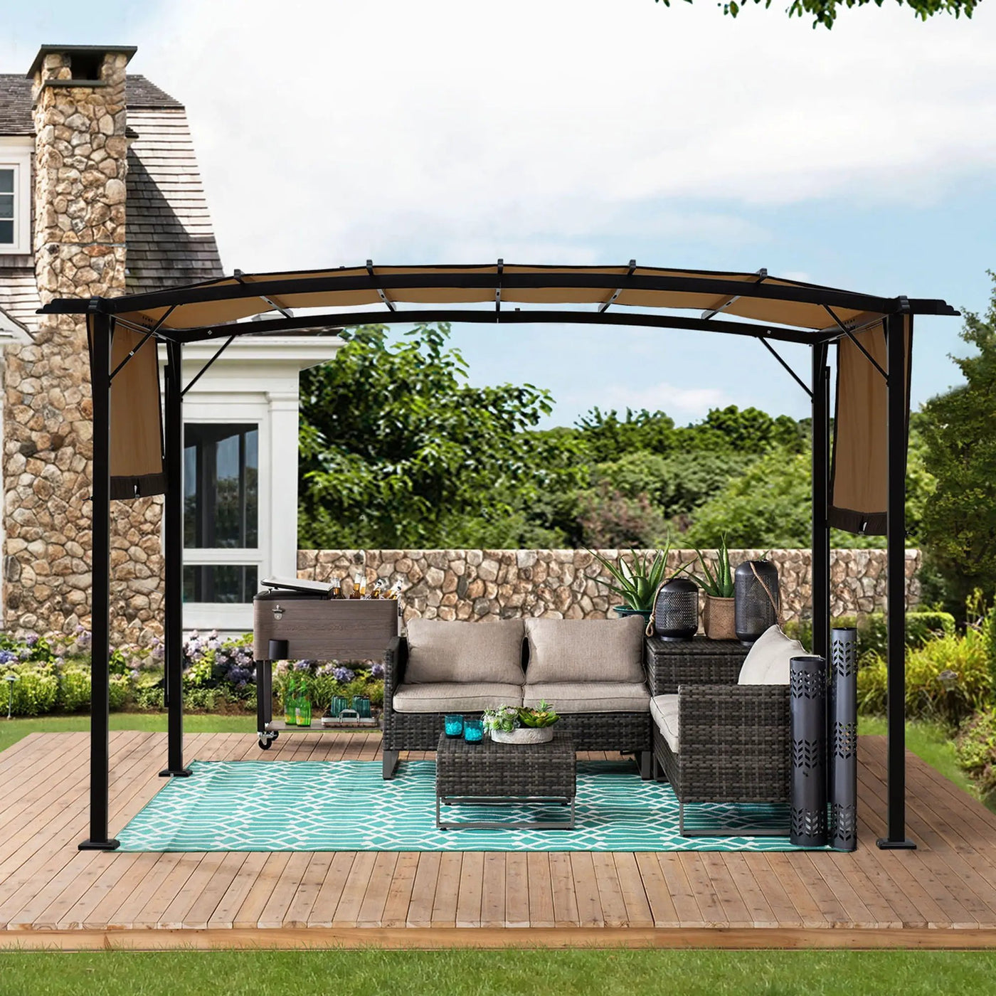 Outdoor Patio Pergola Gazebo - Steel Frame Sun Shelter With Retractable Canopy by Unique Piece Furniture