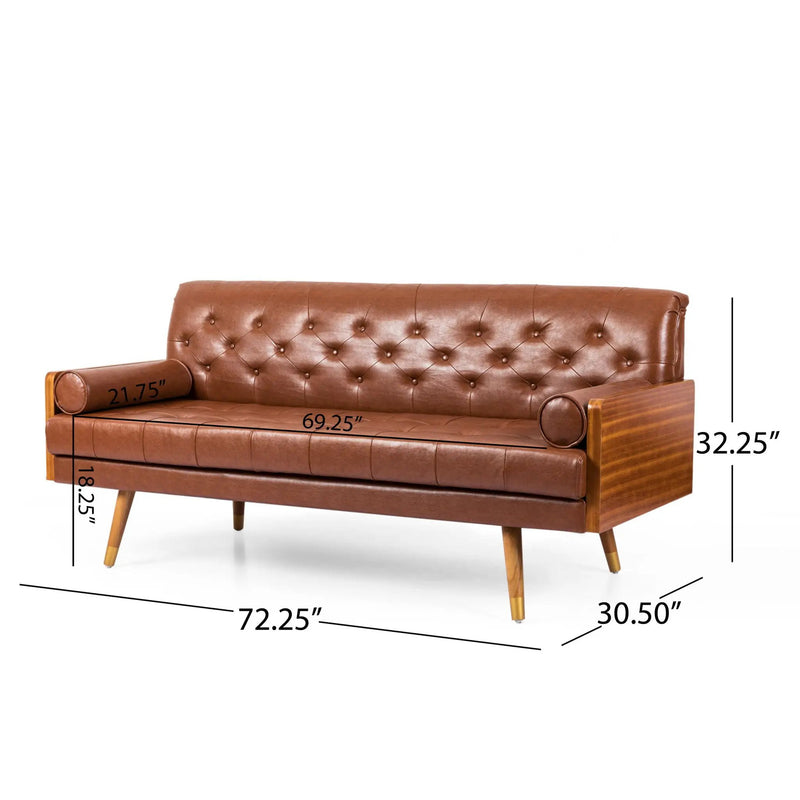 Adelaide Mid Century Modern Tufted Sofa With Rolled Accent Pillows - Light Brown by HouseOfZazla
