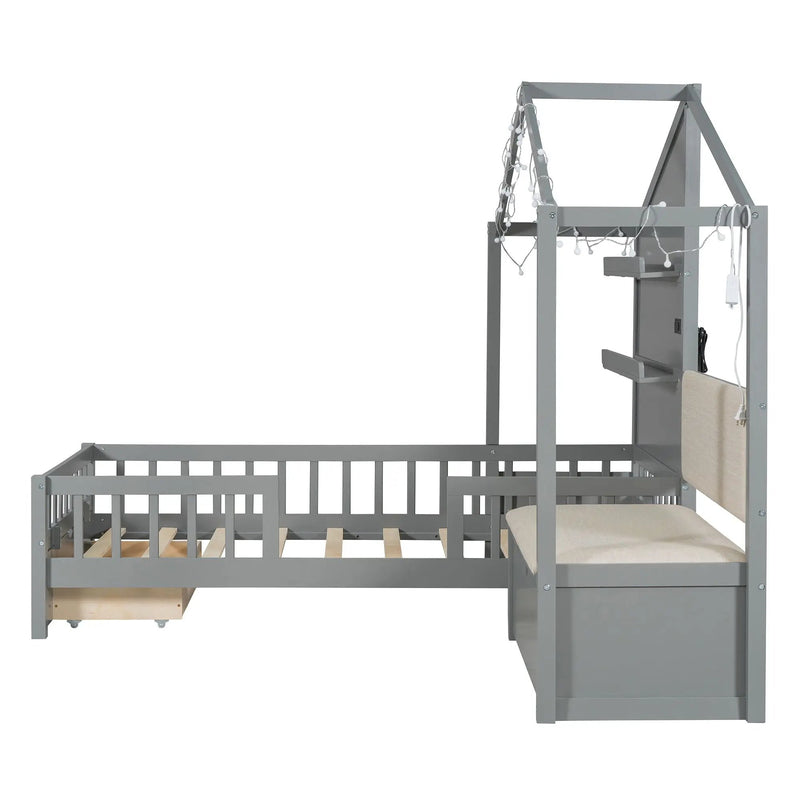 House Bed With Upholstered Sofa, Wireless Charging Station, Shelves And 2 Drawers